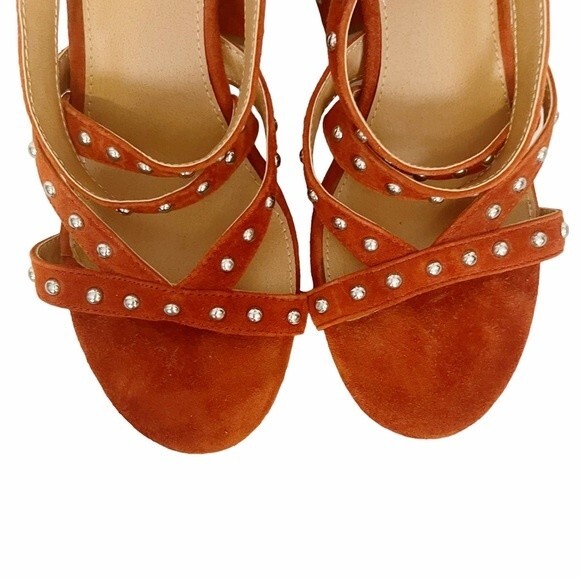 FARA-S Steve Madden Studded Rust Orange Suede Chunky Block Heel Strappy Sandal - Picture 12 of 15